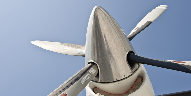 A propeller photographed from below.