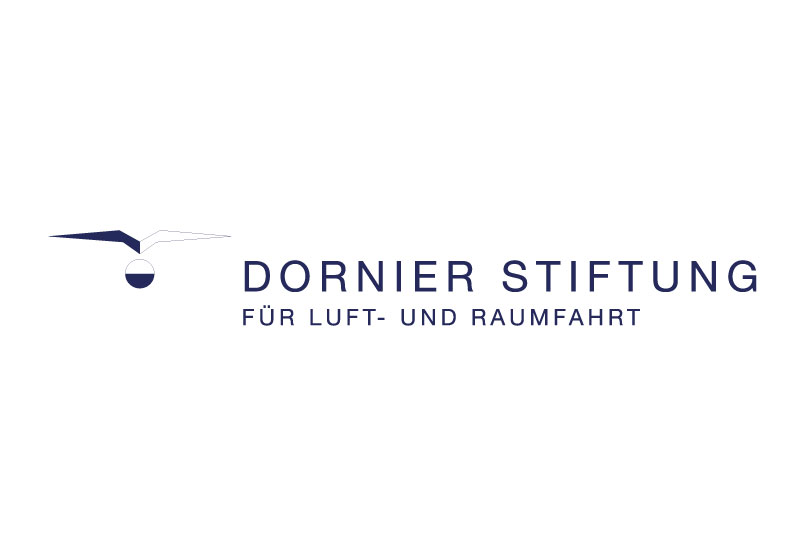 Logo der Dornier Stiftung für Luft- und Raumfahrt mit stilisierter Flugzeuggrafik links und Schriftzug in dunkler Schrift auf weißem Hintergrund.